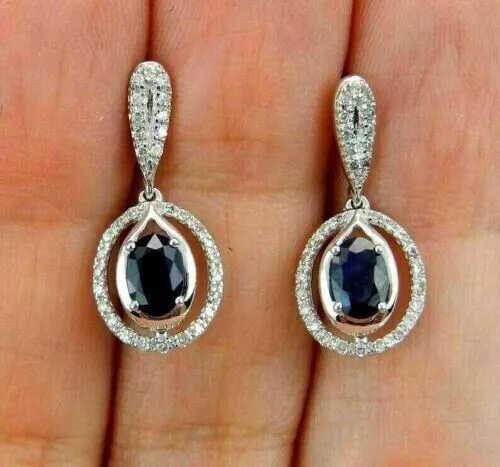 2.80 Ct Oval Cut Simulated Blue Sapphire Drop Earrings In 14k White Gold Plated