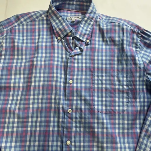 Peter Millar Men's L Shirt Long Sleeve Cotton Button Up Blue Tattersall Check