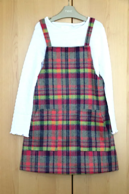 NEXT Girls Checked Pinafore Dress & White Shirred Top Age 11 Years BNWT