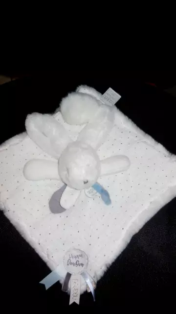 DOUDOU ET COMPAGNIE lapin plat Happy Glossy lange blanc bleu doré - état NEUF -