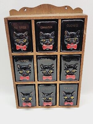 Vtg 1950s Shafford Japan Black Cat Red Bow 10 Piece Spice Rack Rare Set Read Des