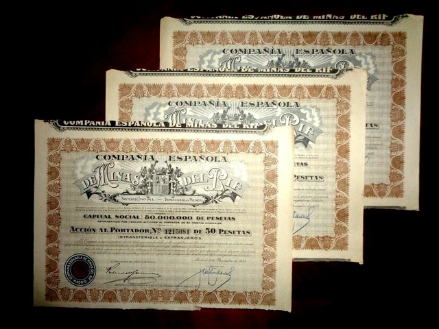 Minas del Rif, Share certificate 1935  Spain  VG   x 3