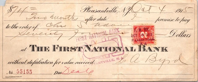 First National Bank Pleasantville NJ 1915 Check Receipt Revenue Tax Stamp