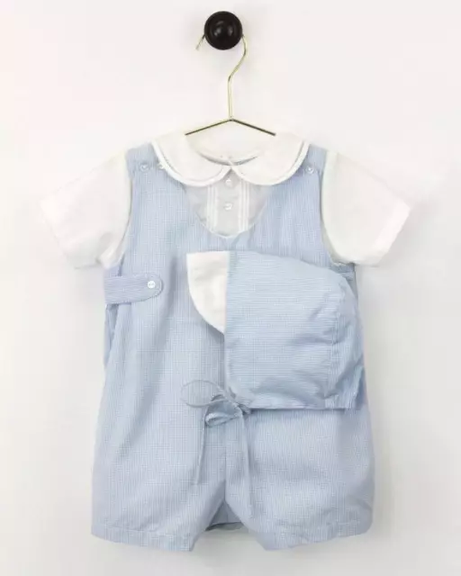 Petit Ami Blue Check Romper with Side Tabs and Hat  Preemie Newborn 3 6 9 Months