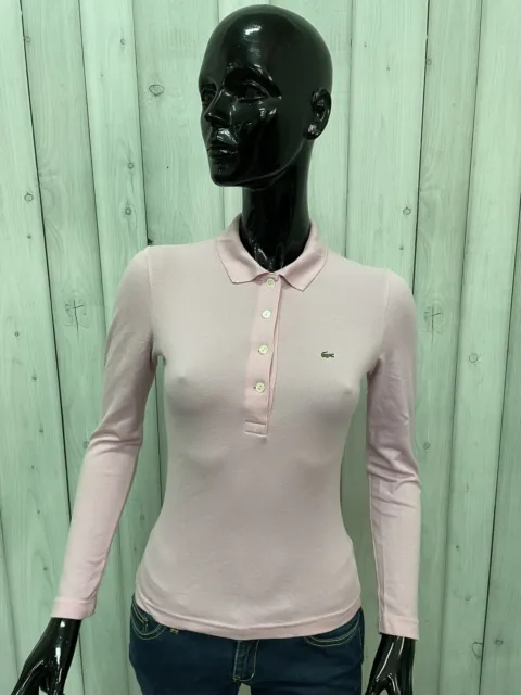 Lacoste Donna Polo Taglia 36 Maglietta Rosa T-Shirt Maglia Cotone Manica Lunga