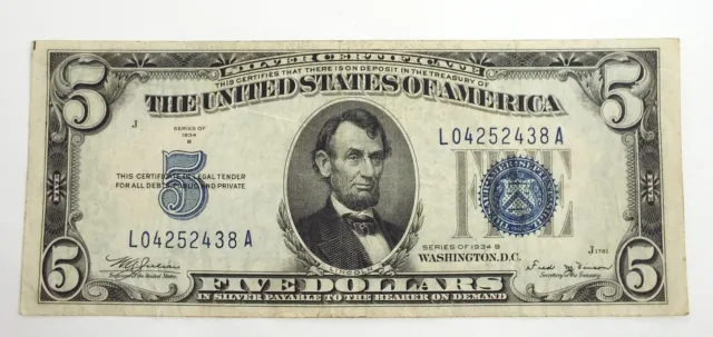 1934 b $5 Silver Certificate – L 04252438 A – Circulated – Crisp – "Rare Vinson"