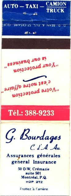 Montreal Quebec Canada G. Bourdages General Insurance Vintage Matchbook Cover