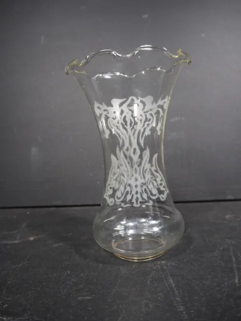 Vintage Clear Glass Hurricane Lamp Shade with Crimped Rim & Etched