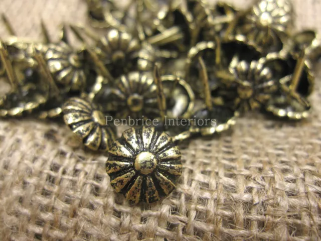 100 DAISY UPHOLSTERY NAILS BRASS FURNITURE FLOWER STUDS tacks chair fabric pins 2