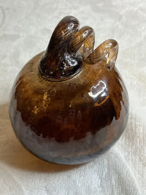 Vtg Hand Blown Art Glass Pumpkin  Crackle Amber Glass Very Heavy Twisted Stem 🧉