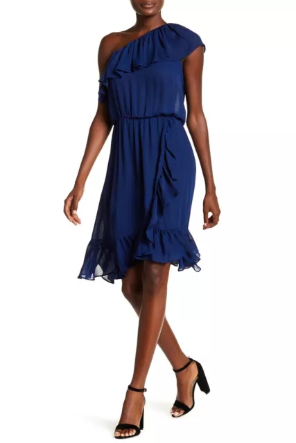 NWT Parker Lazuli Solid Blue Ruffled Neckline Trim One Shoulder Dress Sz XS $398