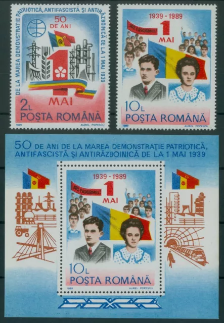 Rumänien 1989 Mi.4544-45,Block 252 ** Nicolae Ceausescu,Elena,1.Mai,Flagge,Fahne