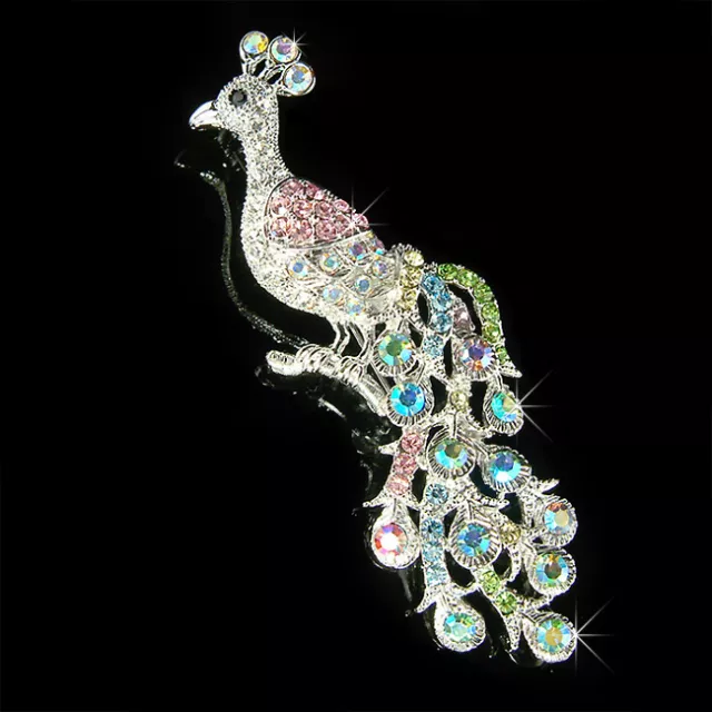 Big Rainbow PEACOCK made with Swarovski Crystal Animal peafowl Peahen Pin Brooch