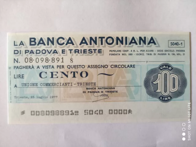 Miniassegni 100 Lire Banca Antoniana Di Padova E Trieste 1977 Fds 