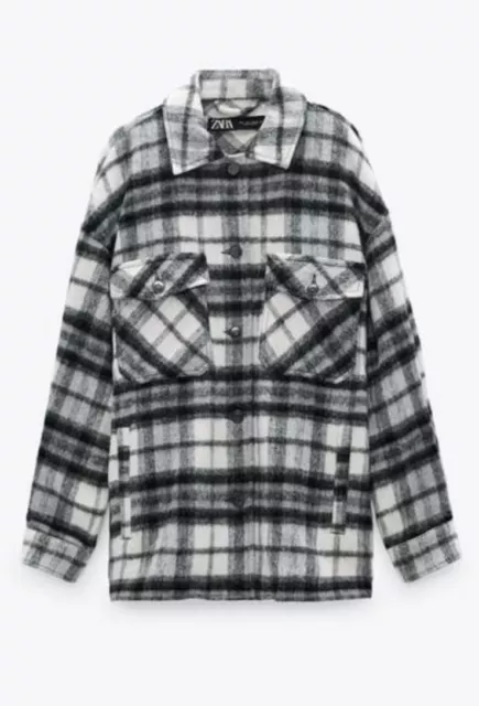 Zara Wool Mix Check Over-Shirt Shacket Jacket Brushed Coat Eur S Relax Fit