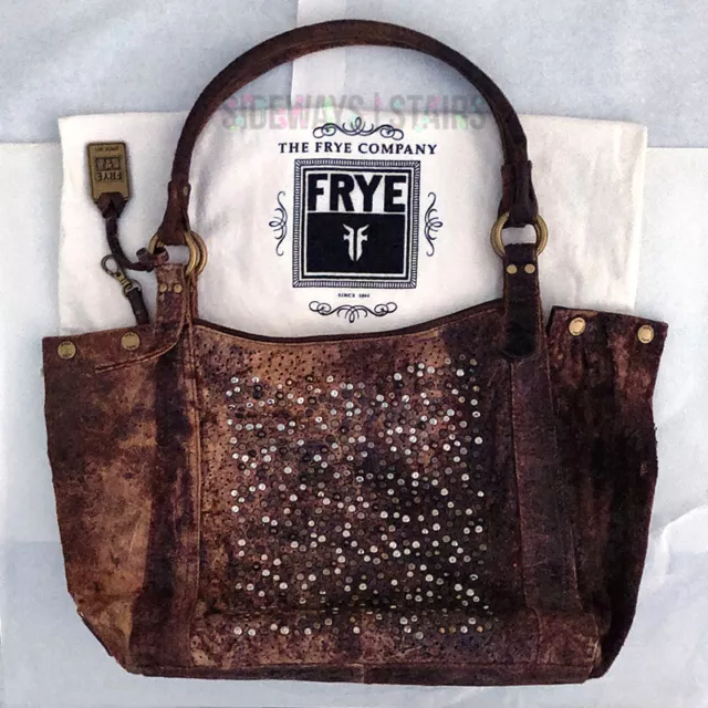 FRYE DEBORAH LEATHER HIDE HANGBAG brown studded trashed satchel distressed EUC 2