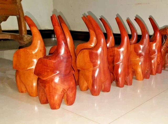 Wood Elephant Sculpture Lucky Statue Hand Carved Wooden Figurine Handmade Art