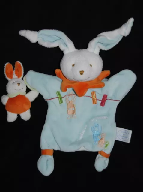 Marionnette lapin Eliot DOUDOU ET COMPAGNIE bleu orange + petit bébé DC1841 TTBE