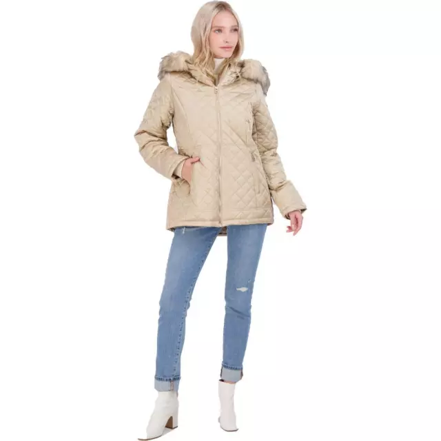 Jessica Simpson Womens Tan Faux Fur Warm Quilted Coat Outerwear M BHFO 0800