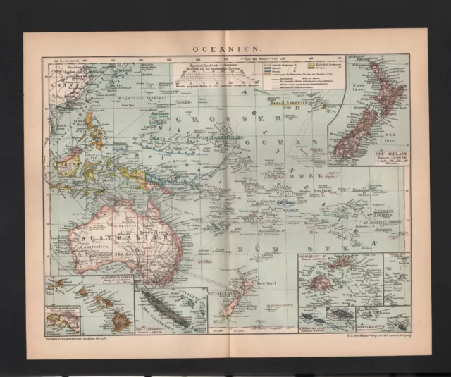 Landkarte map 1899, OCEANIEN. Australien Polynesien Neuseeland Fidschi-Inseln