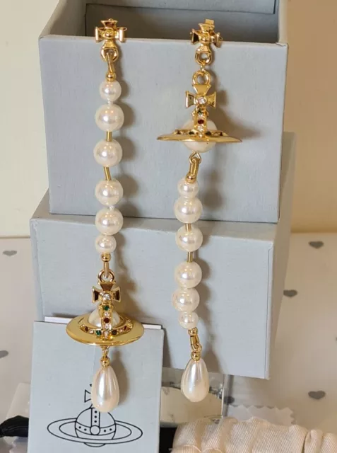 Vivienne Westwood 3D gold tone Broken Pearl Crystal drop Orb Earrings New Box