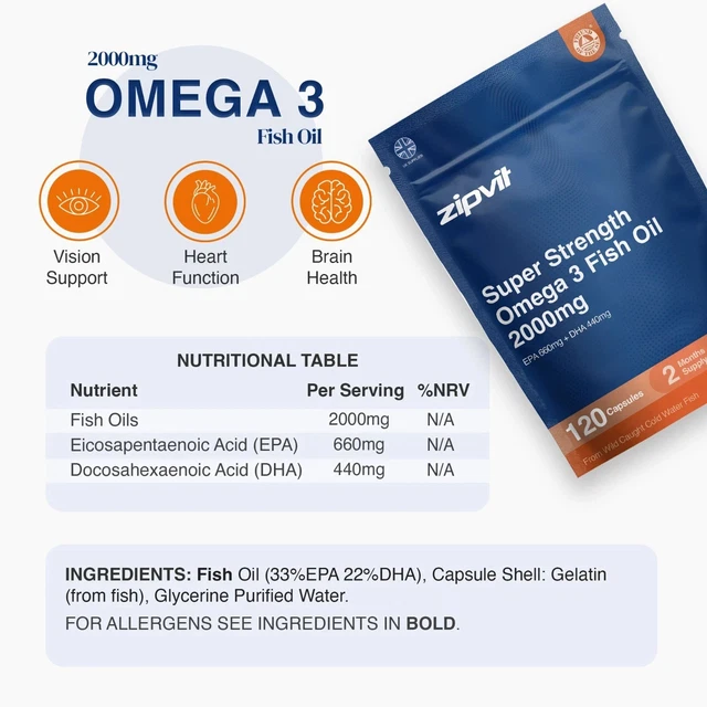 OMEGA 3 FISH Oil 2000mg - EPA 660mg DHA 440mg - Heart, Brain & Vision ...