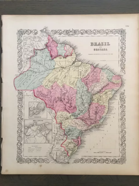 Antique Hand Colored Original Map Brazil & Guayana 1St Edition Colton Atlas1855