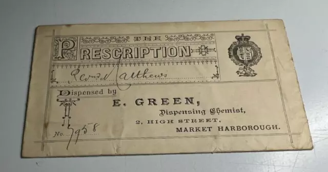 Antique Prescription Envelope E Green Chemist Market Harborough to Rev'd althems