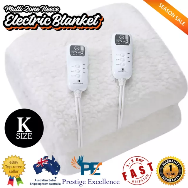 Multi Zone Fleece Electric Blanket King 4 Heat Settings Auto-off Function White