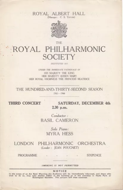 Concert Programme 1943 RAH Myra Hess Brahms Piano Concerto 1 LPO