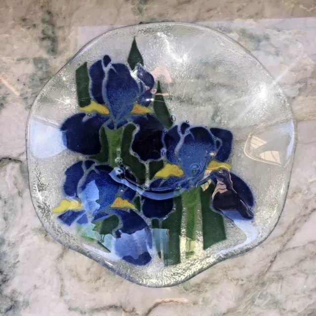 Peggie Karr Sydenstricker Blue Iris Ruffled Dish Plate Bowl Art Glass