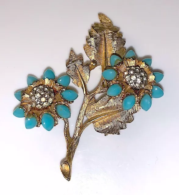 Vintage Signed HAR faux Turquoise and Rhinestone Flower Gold Tone Brooch Pin