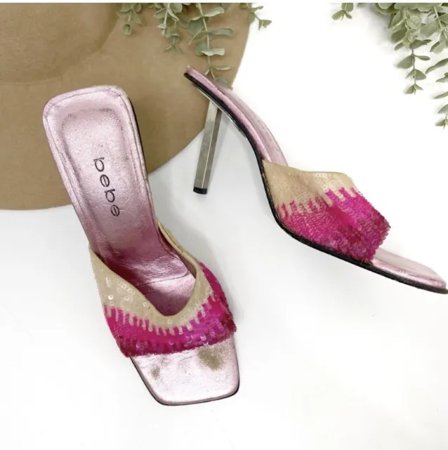 Vintage Bebe early 2000s y2k pink ombré sequin heels slides 7-1/2 7.5