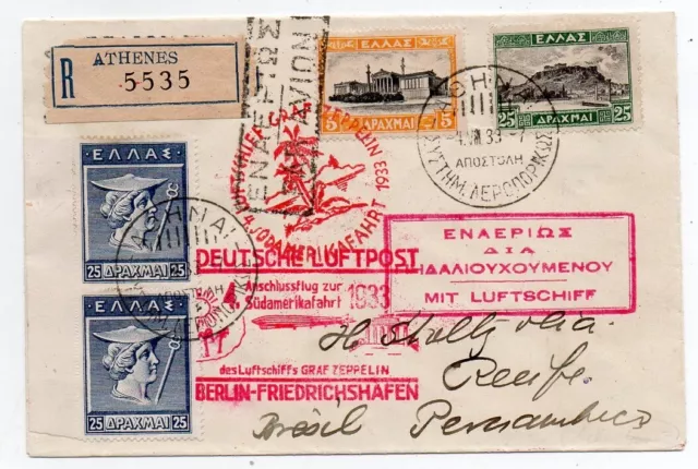 1933 GREECE TO BRAZIL ZEPPELIN COVER, SUPERB CANCELS / STAMPS, 4th FLIGHT RARE