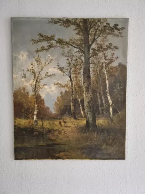 antikes Ölgemälde Ölbild signiert Th. Wagner Landschaft Rehe ca. 55,5 x 69,0 cm