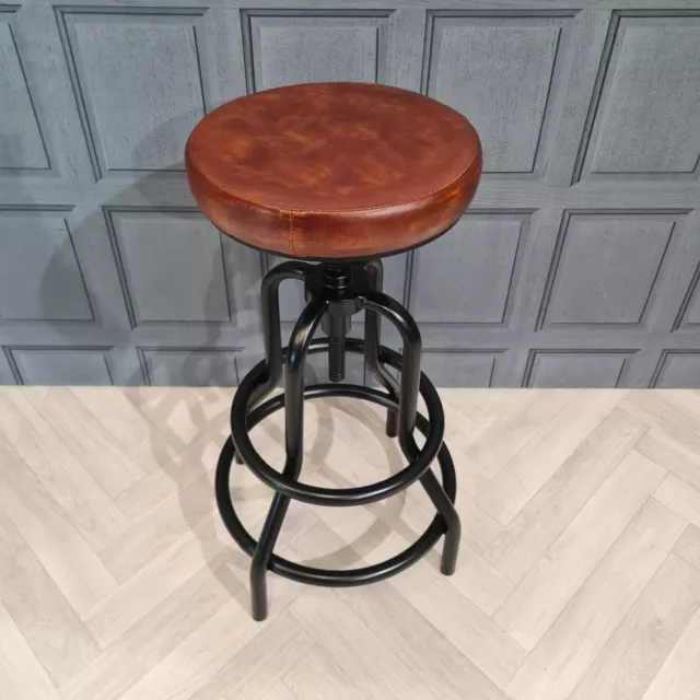 Vintage Industrial Height Adjustable Kitchen Bar Stool, Brown Real Leather, Cafe 2