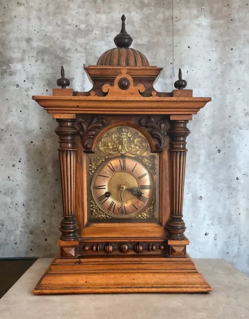 Large Antique Carved Brass Face Bracket Clock By HAC German Maker - Superb