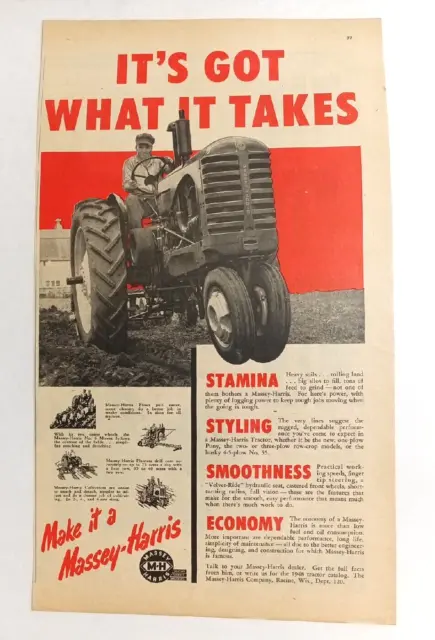 Vintage Massey-Harris Tractor Advertisement-It's Got What It Takes! Plow Planter
