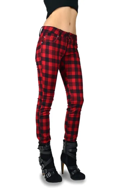 Tripp Small Red Black Plaid High Waisted Skinny Jean Pants Moto Punk Emo Is6235P