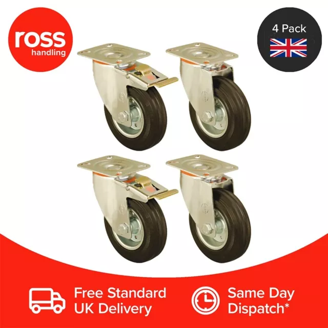 Set of 4 200mm Rubber Wheel Castors Plate Heavy Duty 180kg Capacity Load UK