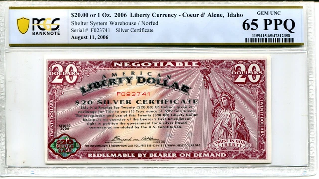 AMERICAN LIBERTY DOLLAR $20 Silver Certificate 2006 PCGS GEM 66 PPQ * AvenueCoin