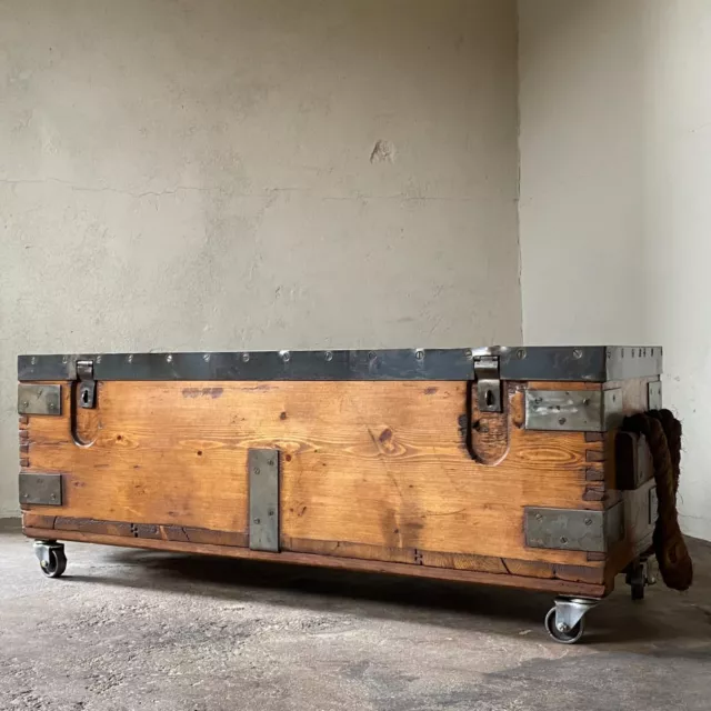 VINTAGE Military CHEST Industrial TRUNK Coffee Table, Mid Century Wooden Storage