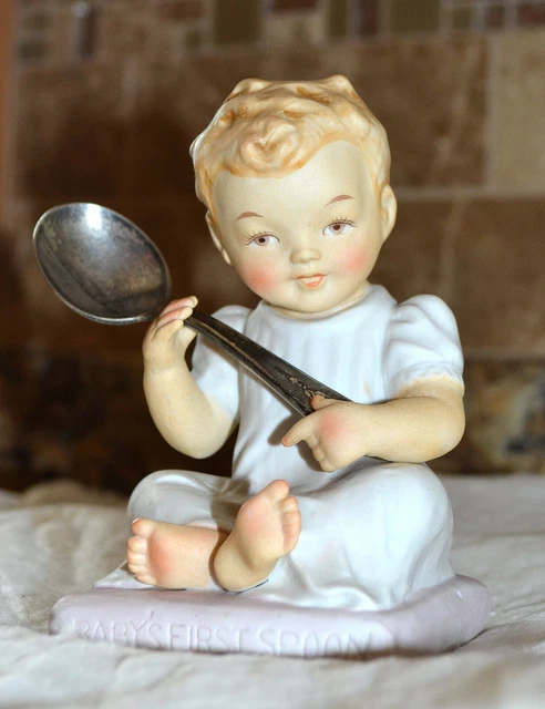 Estate Vintage Mcm Ceramic Arts Studio Spoon Holder Baby's First Spoon, W/Spoon