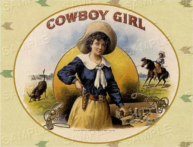 Vintage Antique Cowboy Girl Western Cowgirl Rodeo *Canvas* Cigar Box Label Art