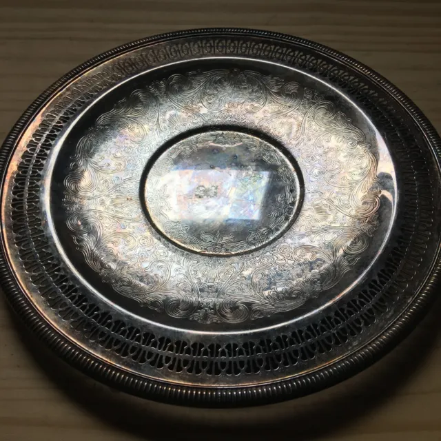 VTG 1980s International Silver Engraved Round Serving Tray Reticulated 12.25"D
