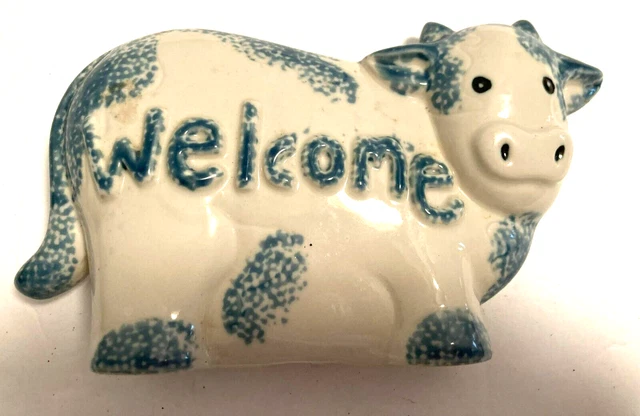 Vintage Hermitage Pottery Cow Welcome Sign Spongeware Décor Kitschy Farmhouse
