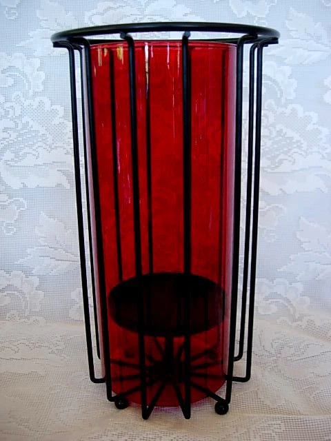 2 Pc. Large Ruby Red Glass Votive / Candle Holder in Black Iron Metal Stand