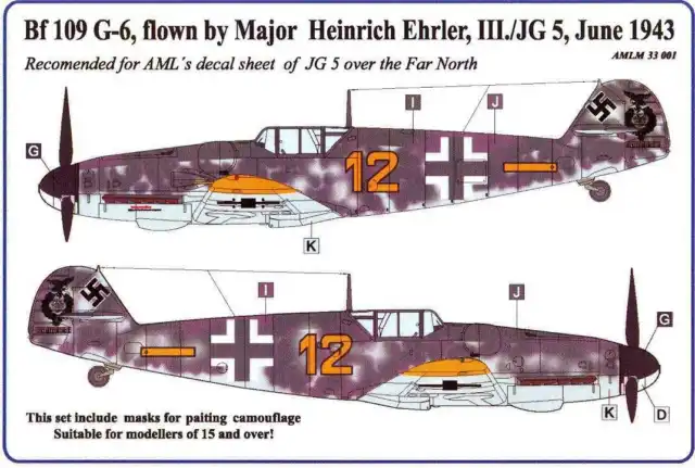 AML Models 1/32 CAMOUFLAGE PAINT MASKS Bf-109G Flown by Heinrick Ehrler III/JG 5