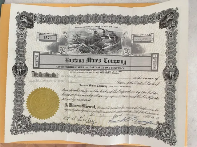 Bostana Mines Company - Capital Stock Certificate - mining stock - 1948 - #1570