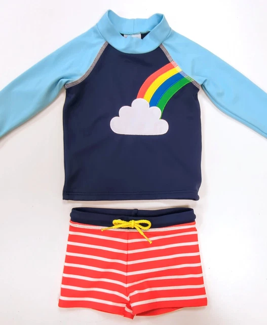 MINI BODEN Rash Guard & Shorts Baby 3-6M Blue/Red Rainbow Swim Set NEW SAMPLE